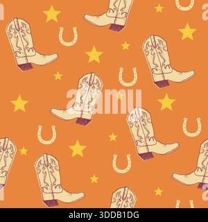 Cowboy western seamless pattern vector illustration with cowboy boots, cowboy hat, cactuses and cow kull decoration Stock Vector