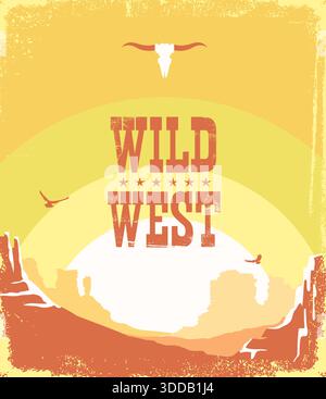 Wild West cowboy paper background for text. Vector western illustration with cowboy hat and lasso on American desert landscape. Stock Vector
