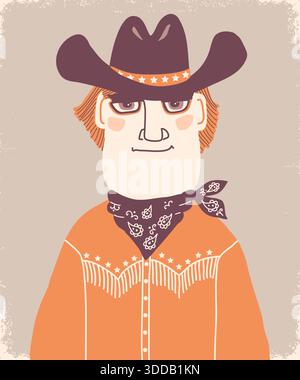 Cowboy portrait vintage vector cartoon illustration on old paper texture. Cowboy man with hat and bandanna. Stock Vector