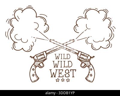 Wild West symbol. Vector hand drawn doodle illustration with crossed cowboy guns and wild west text isolated on white Stock Vector