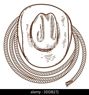 Cowboy hat and lasso. Vector hand drawn illustration with Western cowboy hat and Country rodeo lasso isolated on white background Stock Vector