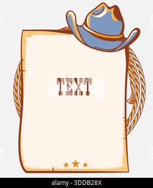 Wild West cowboy paper background for text. Vector western illustration with cowboy hat and lasso isolated on white Stock Vector