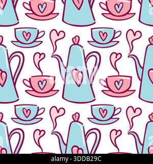 Charming seamless vector pattern of teacups and heart-shaped teapots, delicate florals and soft pastel palette, repeat-ready design ideal for textiles Stock Vector