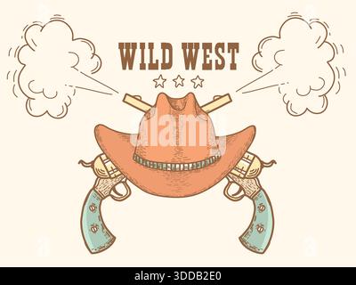 Cowboy labels and western symbols isolated on white background. Vector wild west symbol design for cowboy western party Stock Vector