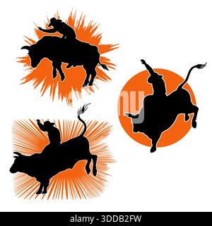 Rodeo bull set symbols vector illustration isolated on white. Cowboy riding a wild bull in flat style illustration Stock Vector