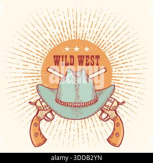 Cowboy labels and western symbols isolated on white background. Vector wild west symbol design for cowboy western party Stock Vector