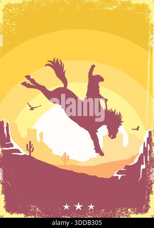 Cowboy riding horse vector American Rodeo illustration on vintage background. Western traditional sport hand drawn image for print, posters Stock Vector