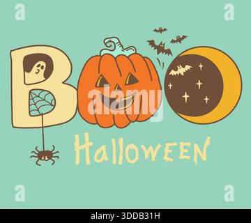 Halloween boo lettering holiday symbol. Vector color hand drawn boo text with halloween pumpkin and spider web and ghost decoration for card backgroun Stock Vector