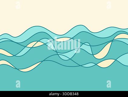 Sea waves vintage poster on old paper texture background for print or design. Seascape outline vector abstract big blue waves and sun Stock Vector