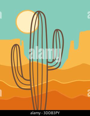 American Arizona desert poster. Vector desert landscape illustration with cactus, mountains and sun. Stock Vector