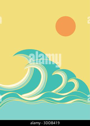 Sea waves vintage poster on old paper texture background for print or design. Seascape outline vector abstract big blue waves and sun Stock Vector