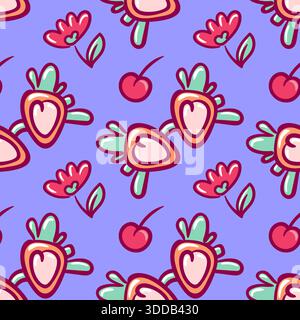 Seamless Pattern Sunglasses Strawberry, Cherry and Flowers Stock Vector