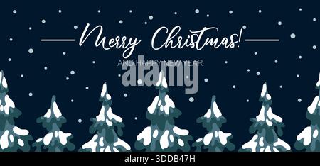 Horizontal seamless vector scene with snow-covered spruce trees, twinkling stars, and falling snow for festive Christmas decor. Stock Vector