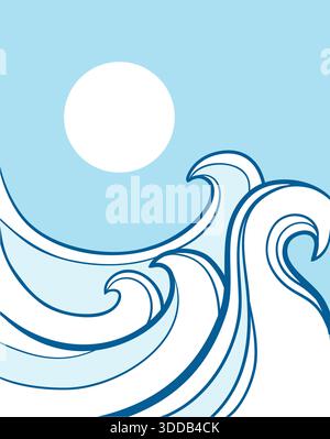 Sea waves vintage poster on old paper texture background for print or design. Seascape outline vector abstract big blue waves and sun Stock Vector