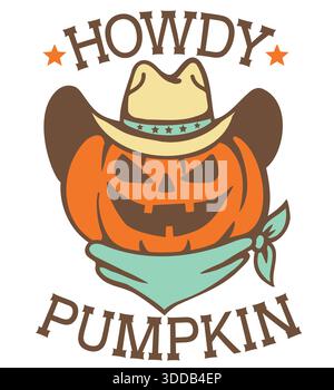 Cowboy halloween vector illustration with pumpkin in cowboy hat and halloween ghost rodeo Stock Vector
