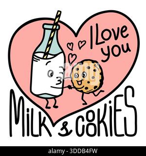 Chocolate cookies and milk vector hand drawn colors illustration with pink love isolated on white for print or desing. Cute funny cookie love glass of Stock Vector