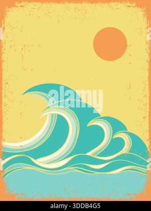 Sea waves vintage poster on old paper texture background for print or design. Seascape outline vector abstract big blue waves and sun Stock Vector