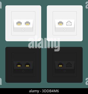 Ethernet wall sockets set. RJ45 data outlets in white and black color variations Stock Vector