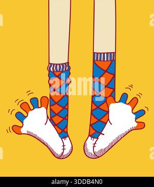 Fun socks on legs. Vector hand drawn line style color illustration. Colors cartoons legs with man socks. Stock Vector