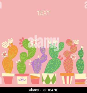 Cactuses card pink background for text or invitations.. Vector cute cactuses with flowers in pots. Stock Vector