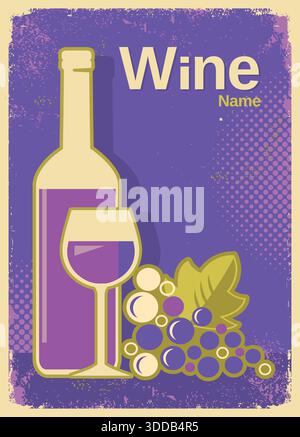Wine vintage Poster Background. Vector summer Fresh Grape Wine illustration with text on old violet green paper Background texture Stock Vector