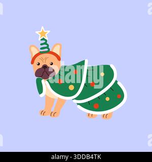 French Bulldog dressed as a Christmas tree wearing layered green skirt, ornaments and star hat, playful pose, bold flat colors, clean vector lines Stock Vector
