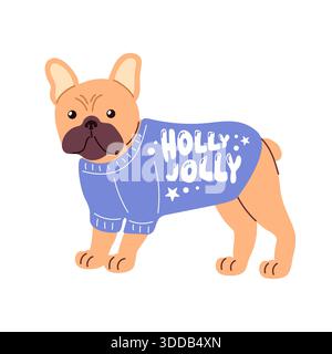 Cheerful French Bulldog in a bright ugly Christmas sweater trimmed with holly, festive and playful, ideal for holiday vector illustration Stock Vector