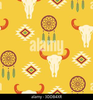 Cowboy western seamless pattern vector illustration with cowboy boots, cowboy hat, cactuses and cow kull decoration Stock Vector