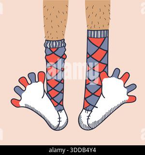 Socks on man legs. Vector hand drawn line style illustration. Cartoons legs with fun colors socks. Stock Vector