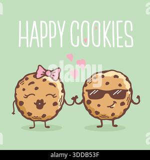 Chocolate Cookies vector Card Background with text Happy Cookies. Cute cartoons happy funny two Cookies Romantic Love style illustration for design. Stock Vector