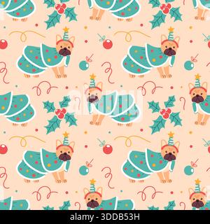 French Bulldog dressed as a Christmas tree wearing layered green skirt, ornaments and star hat, clean vector lines, a seamless pattern, perfect for Stock Vector