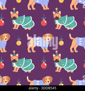 a merry seamless pattern with a bulldog in a christmas tree costume and a beagle in an ugly sweater, surrounded by festive ornaments. Stock Vector