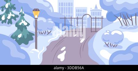 Winter city park at dusk snow-blanketed walkways, illuminated lampposts, firs and leafless trees, distant skyscrapers, in vector style Stock Vector