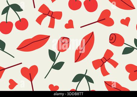 Valentine’s Day seamless pattern with lips, bows, roses, hearts, lollipops, and cherries; romantic festive background, perfect for February designs, w Stock Vector