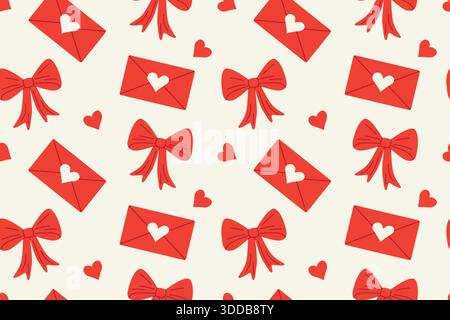 Valentine's Day seamless pattern with love letters, bows and hearts; february background- vector illustration Stock Vector