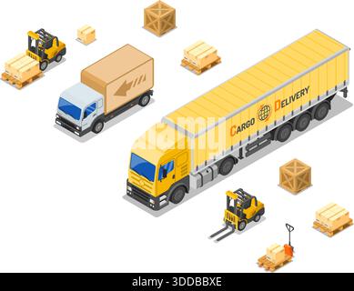 Warehouse, storage, logistics and delivery isometric concept with storehouse, truck, forklift icons. Isolated vector illustration Stock Vector