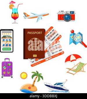 Vacation and Tourism Concept with flat icons. Man holding smartphone in hand and Online Booking Hotel. Isolated vector illustration Stock Vector