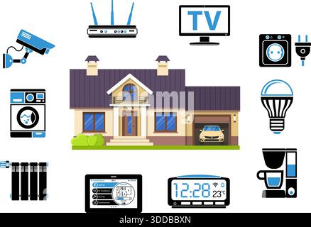 Smart Home and Internet of Things Concept. Smart House controls devices like microwave, loudspeaker, tv and security camera. Flat style two color icon Stock Vector