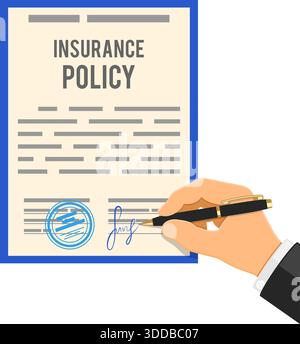 Man signs insurance policy. Insurance agent holds contract in hand, other hand signs contract with pen. Flat style icons. Isolated vector illustration Stock Vector
