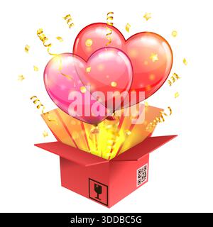 Concept for Valentines Day with transparent Balloon in form Hearts, taking off from gift box with streamers and confetti. isolated vector illustration Stock Vector