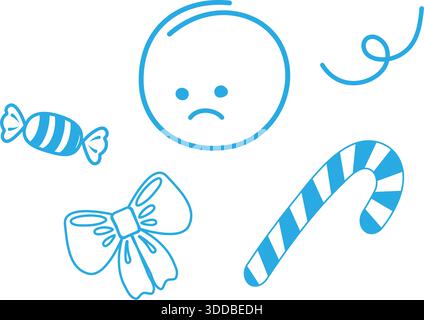 Outline Blue Monday Icon Set Consist of Sad Face Striped Candy Cane and Ribbon Bow Monochrome Design. Isolated Vector illustration Motivation Thematic Cards, leaflets, labels, price tag or web banners Stock Vector
