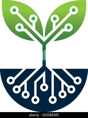 Plant Leaf Growth Digital Tree Logo Design Nature Technology Vector Template Icon Stock Vector