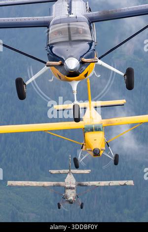 The image shows a Quest Aircraft Kodiak 100 and two Pilatus PC-6 Turbo Porter aircraft flying in formation during an air-to-air segment of the Abbotsford International Airshow in Canada in 2025. Visible registrations confirm the participating aircraft. The scene documents coordinated flight and the operational characteristics of modern utility turboprop aircraft. Stock Photo