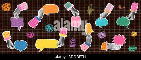 Hand drawn colorful doodle speech bubbles with texture, oval, star, rectangular and heart shaped, graphic design elements Stock Vector