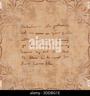 Antique Vintage Brown Textured Paper with Hand Written Unreadable Poem, Hand Drawn Illegible Messy Cursive Handwriting Note, Text, Journal Page or Poe Stock Vector