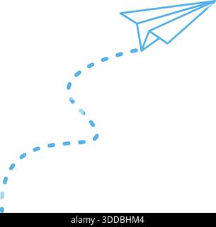 Blue paper airplane icon with dashed line trail, metaphor for ideas and communication vector Stock Vector