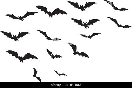 Flock of black bats silhouettes flying on white background, spooky halloween decorative vector, Stock Vector