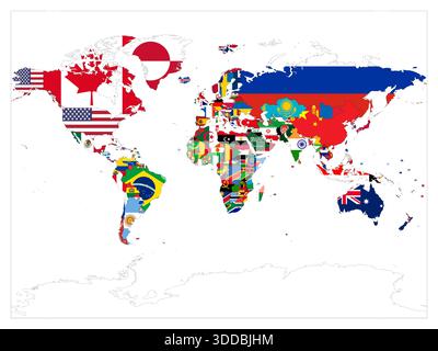 A world map filled with various national flags representing each country. The flags cover geographical boundaries. Different colors and symbols reflect global diversity. Stock Vector