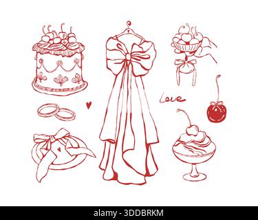 A set of wedding-themed elements, including a wedding dress, cake, rings, cherry desserts, and tableware. Decorations, bows, and romantic symbols. Vector outline illustration in red Stock Vector