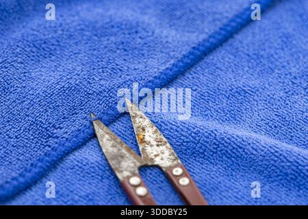 Close-up shot of rusty Crab claw scissors resting on a textured blue fabric. The scissors are angled, showing wear. The fabric background provides con Stock Photo